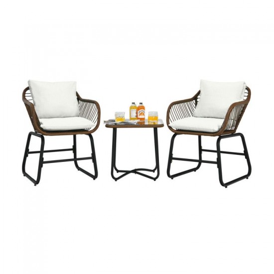Honhorrs Three-Piece Patio Wicker Bistro Set, Two Armchairs with Four Cushions and a Square Table