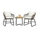 Honhorrs Three-Piece Patio Wicker Bistro Set, Two Armchairs with Four Cushions and a Square Table