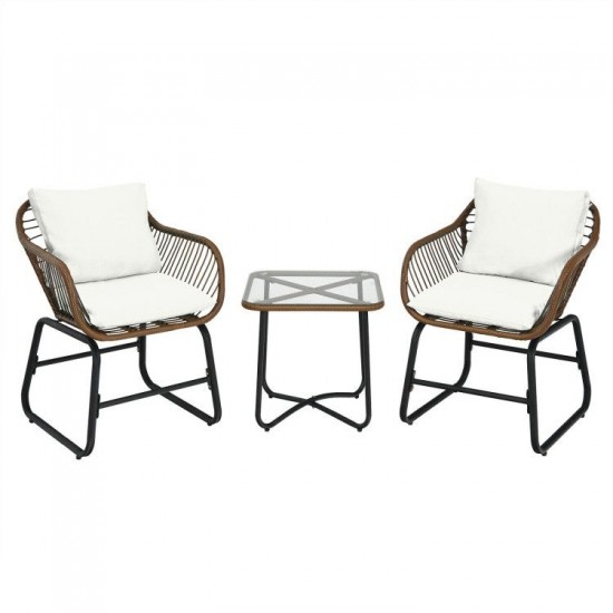 Honhorrs Three-Piece Patio Wicker Bistro Set, Two Armchairs with Four Cushions and a Square Table