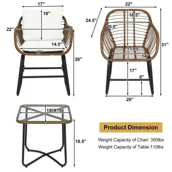 Honhorrs Three-Piece Patio Wicker Bistro Set, Two Armchairs with Four Cushions and a Square Table
