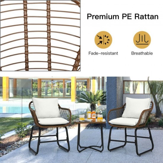 Honhorrs Three-Piece Patio Wicker Bistro Set, Two Armchairs with Four Cushions and a Square Table