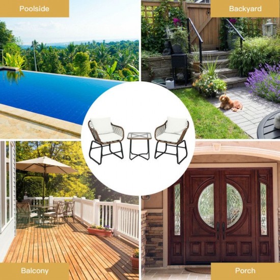 Honhorrs Three-Piece Patio Wicker Bistro Set, Two Armchairs with Four Cushions and a Square Table
