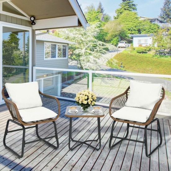 Honhorrs Three-Piece Patio Wicker Bistro Set, Two Armchairs with Four Cushions and a Square Table