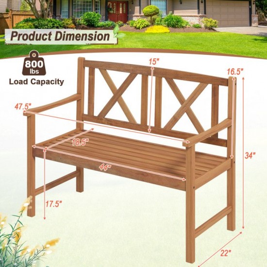 Honhorrs Two-Person Acacia Bench, Slatted Seat and Patterned Back with Curved Arms and 800-Lb Rating