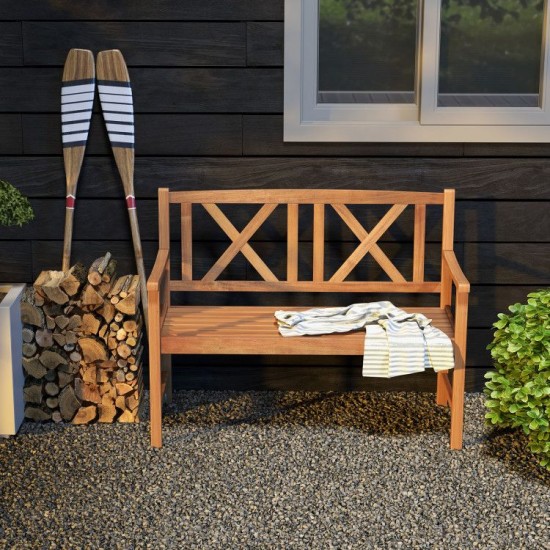 Honhorrs Two-Person Acacia Bench, Slatted Seat and Patterned Back with Curved Arms and 800-Lb Rating
