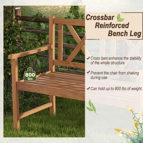 Honhorrs Two-Person Acacia Bench, Slatted Seat and Patterned Back with Curved Arms and 800-Lb Rating
