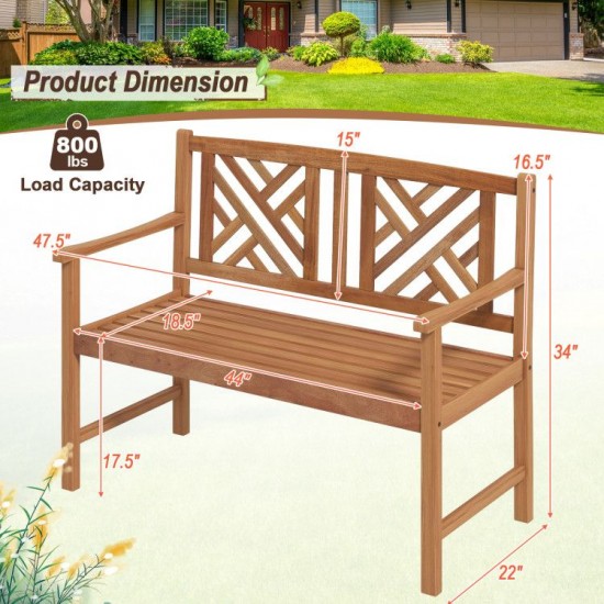 Owlyin Two-Person Acacia Garden Bench, Patterned Backrest with Curved Arms and Slatted Wood Seat