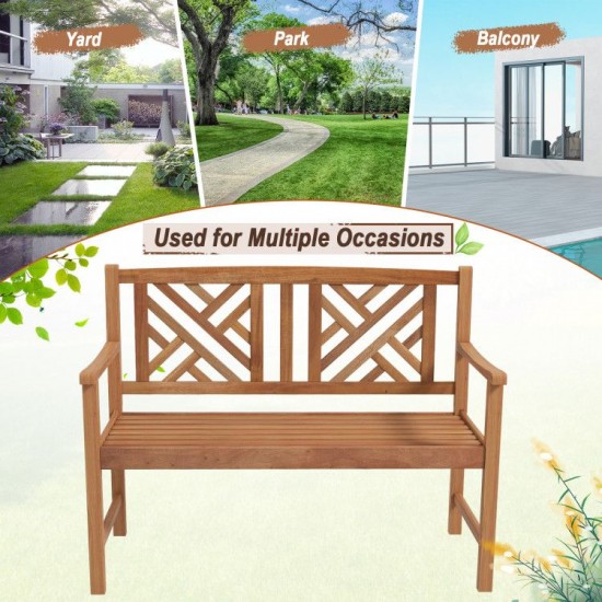 Owlyin Two-Person Acacia Garden Bench, Patterned Backrest with Curved Arms and Slatted Wood Seat