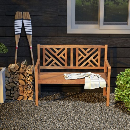 Owlyin Two-Person Acacia Garden Bench, Patterned Backrest with Curved Arms and Slatted Wood Seat