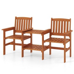 XVX Two-Seat Wooden Patio Seating Set, Slatted Seats and Two-Level Table with an Umbrella Hole