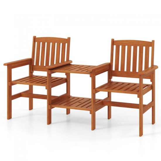 Honhorrs Two-Seat Wooden Patio Seating Set, Slatted Seats and Two-Level Table with an Umbrella Hole