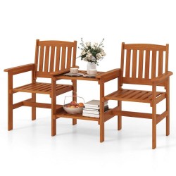 XVX Two-Seat Wooden Patio Seating Set, Slatted Seats and Two-Level Table with an Umbrella Hole