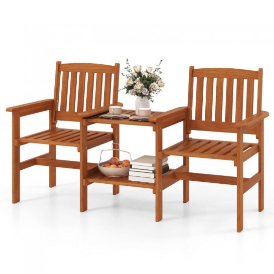 Honhorrs Two-Seat Wooden Patio Seating Set, Slatted Seats and Two-Level Table with an Umbrella Hole