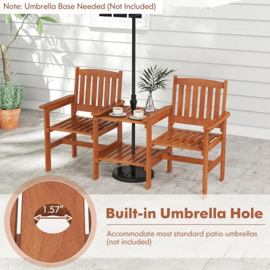 Honhorrs Two-Seat Wooden Patio Seating Set, Slatted Seats and Two-Level Table with an Umbrella Hole
