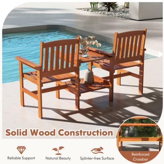 Honhorrs Two-Seat Wooden Patio Seating Set, Slatted Seats and Two-Level Table with an Umbrella Hole
