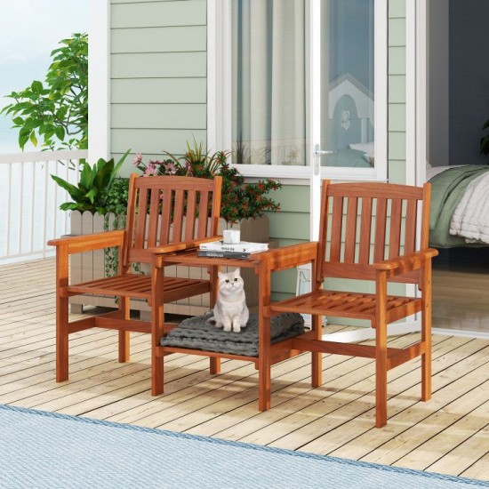 Honhorrs Two-Seat Wooden Patio Seating Set, Slatted Seats and Two-Level Table with an Umbrella Hole