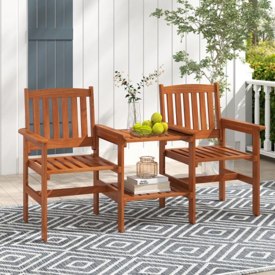 Honhorrs Two-Seat Wooden Patio Seating Set, Slatted Seats and Two-Level Table with an Umbrella Hole
