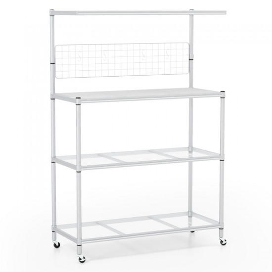 Honhorrs Four-Tier Rolling Baker's Rack, Adjustable Shelves with Four Hooks and Two Locking Wheels