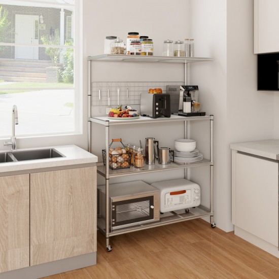 Honhorrs Four-Tier Rolling Baker's Rack, Adjustable Shelves with Four Hooks and Two Locking Wheels