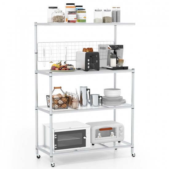 Honhorrs Four-Tier Rolling Baker's Rack, Adjustable Shelves with Four Hooks and Two Locking Wheels