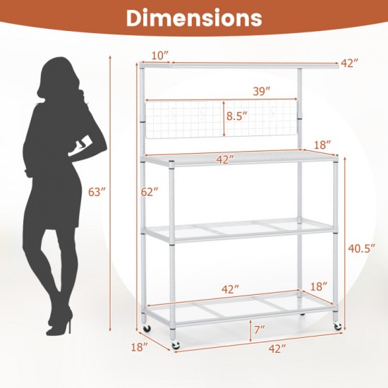 Honhorrs Four-Tier Rolling Baker's Rack, Adjustable Shelves with Four Hooks and Two Locking Wheels