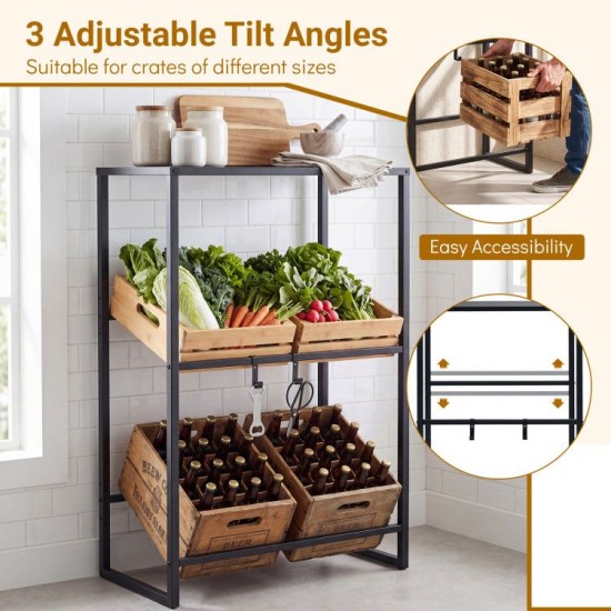 Honhorrs Four-Crate Drink Rack, Two Adjustable-Angle Storage Rails with Top Shelf and Hanging Hooks