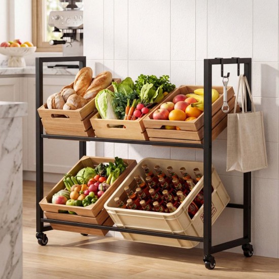 Honhorrs Rolling Six-Crate Beverage Rack, Two Adjustable Tilt Levels with Four Wheels and Side Hooks