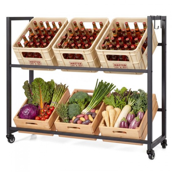 Honhorrs Rolling Six-Crate Beverage Rack, Two Adjustable Tilt Levels with Four Wheels and Side Hooks