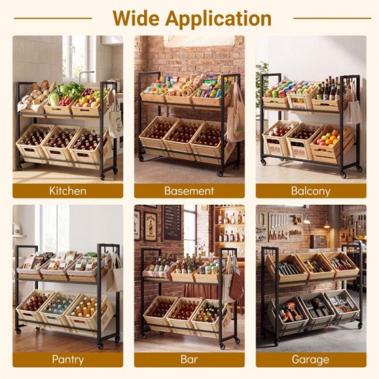 Honhorrs Rolling Six-Crate Beverage Rack, Two Adjustable Tilt Levels with Four Wheels and Side Hooks
