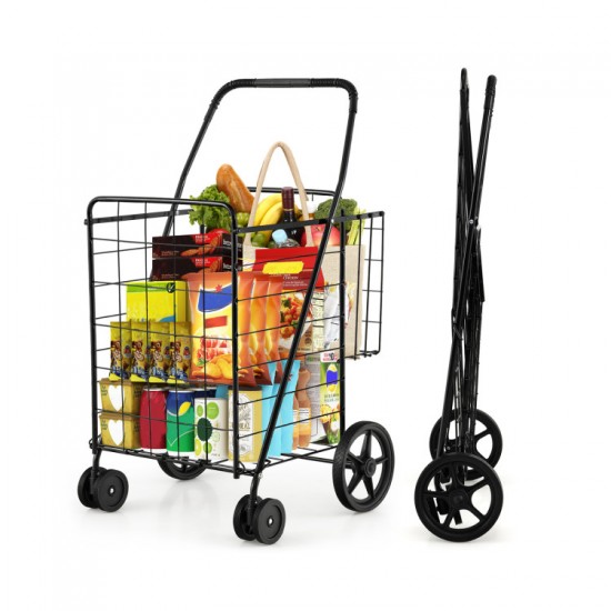 Honhorrs Folding Metal Shopping Cart with Dual Baskets, Swivel Front Wheels and Rubber Rear Wheels