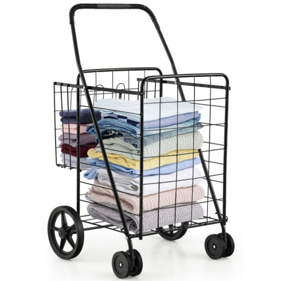 Honhorrs Folding Metal Shopping Cart with Dual Baskets, Swivel Front Wheels and Rubber Rear Wheels