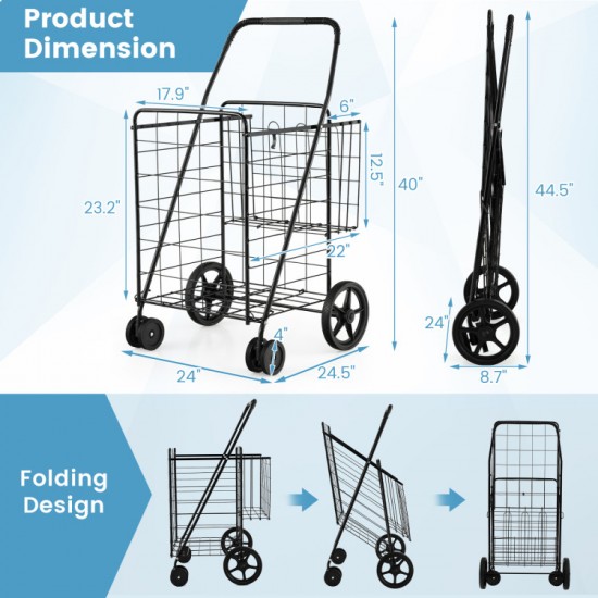 Honhorrs Folding Metal Shopping Cart with Dual Baskets, Swivel Front Wheels and Rubber Rear Wheels