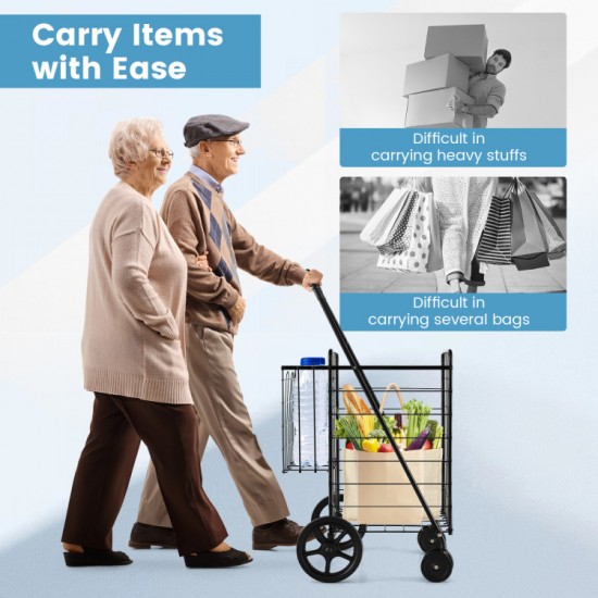 Honhorrs Folding Metal Shopping Cart with Dual Baskets, Swivel Front Wheels and Rubber Rear Wheels