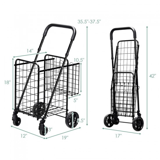 Honhorrs Folding Shopping Trolley, Twin Wire Baskets with Adjustable Handle and Swivel Front Wheels