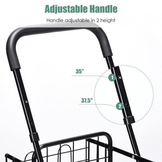 Honhorrs Folding Shopping Trolley, Twin Wire Baskets with Adjustable Handle and Swivel Front Wheels