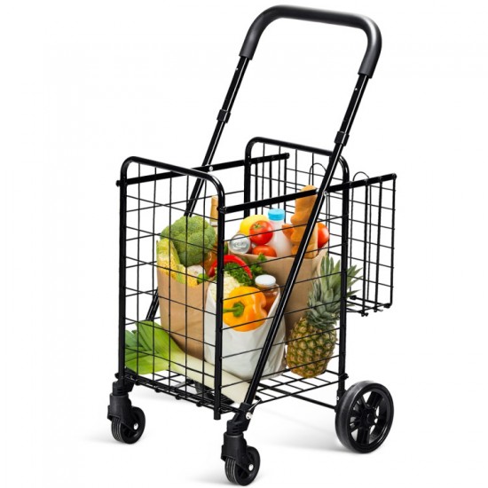 Honhorrs Folding Shopping Trolley, Twin Wire Baskets with Adjustable Handle and Swivel Front Wheels