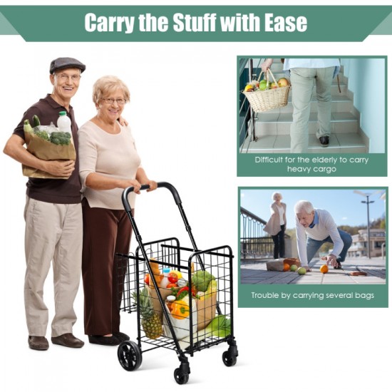 Honhorrs Folding Shopping Trolley, Twin Wire Baskets with Adjustable Handle and Swivel Front Wheels