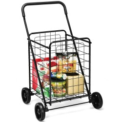 Honhorrs Folding Grocery and Laundry Cart, Steel Basket with Large Rear Wheels and Foam-Grip Handle