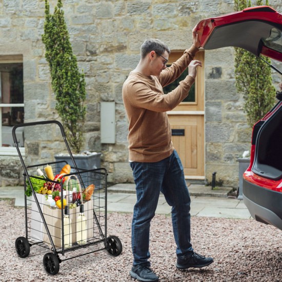 Honhorrs Folding Grocery and Laundry Cart, Steel Basket with Large Rear Wheels and Foam-Grip Handle