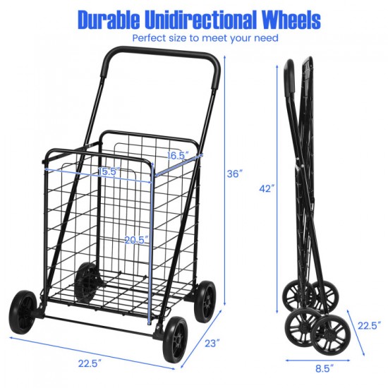 Honhorrs Folding Grocery and Laundry Cart, Steel Basket with Large Rear Wheels and Foam-Grip Handle