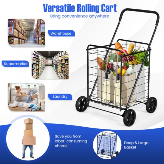 Honhorrs Folding Grocery and Laundry Cart, Steel Basket with Large Rear Wheels and Foam-Grip Handle