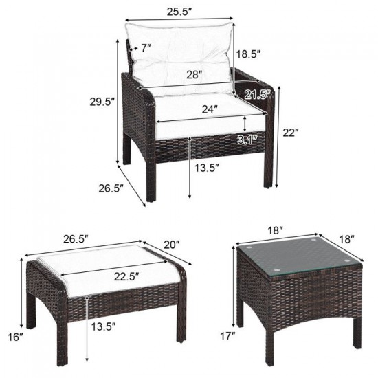 Honhorrs Five-Piece Patio Lounge Set, Wicker Chairs and Ottomans with Cushions and Glass Side Table
