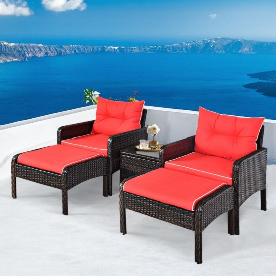 Honhorrs Five-Piece Patio Lounge Set, Wicker Chairs and Ottomans with Cushions and Glass Side Table