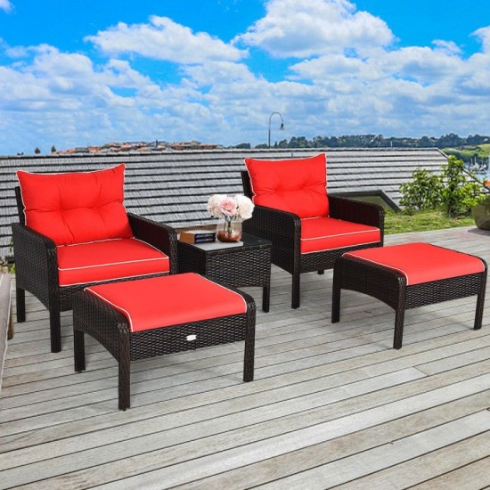 Honhorrs Five-Piece Patio Lounge Set, Wicker Chairs and Ottomans with Cushions and Glass Side Table