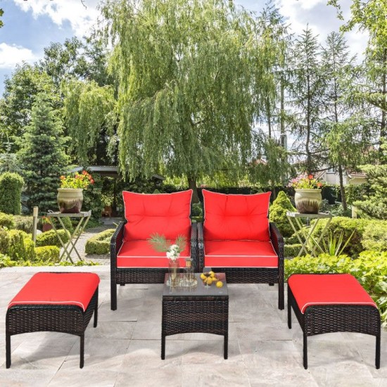 Honhorrs Five-Piece Patio Lounge Set, Wicker Chairs and Ottomans with Cushions and Glass Side Table