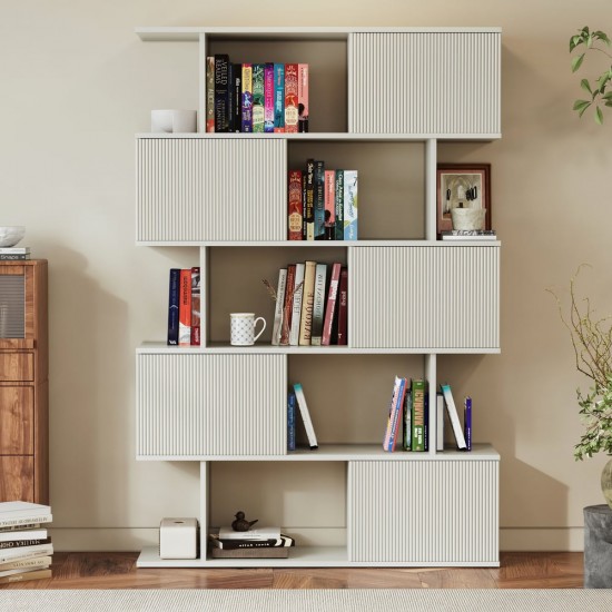 Warm White Sliding-Door Bookcase by Honhorrs — Five Staggered Display Tiers and Ribbed Door Fronts
