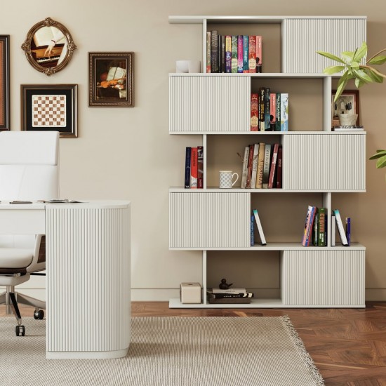 Warm White Sliding-Door Bookcase by Honhorrs — Five Staggered Display Tiers and Ribbed Door Fronts