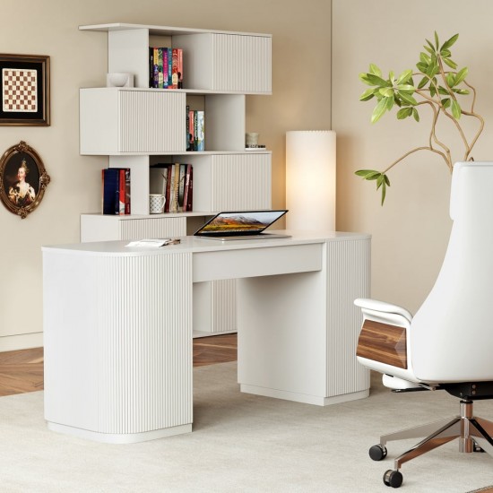Warm White Sliding-Door Bookcase by Honhorrs — Five Staggered Display Tiers and Ribbed Door Fronts