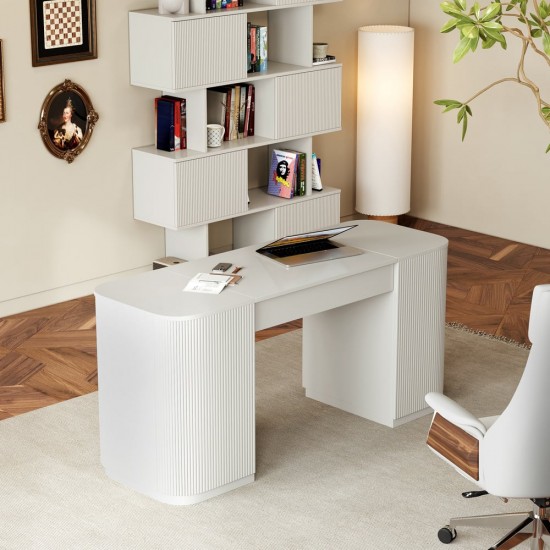 Warm White Sliding-Door Bookcase by Honhorrs — Five Staggered Display Tiers and Ribbed Door Fronts