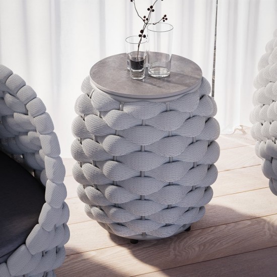 Honhorrs Oval Patio Side Table: Slate Top, Woven Rope Exterior, Aluminum Frame and Hidden Storage